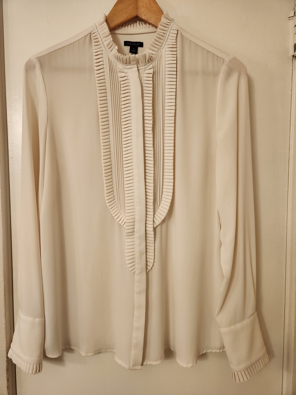 Ann Taylor Pleated Trim Ivory Blouse